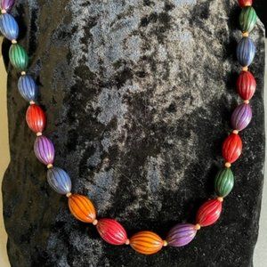 Vintage Oval Textured Harlequin Multi Color Wood Textured Bead Necklace 29"
